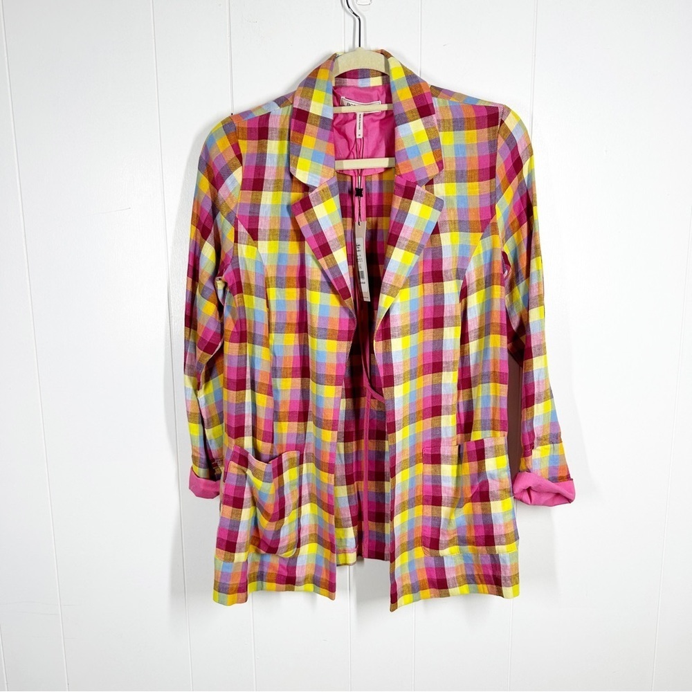 NEW BCBGeneration Pink Plaid Lightweight Linen Blazer Extra Small